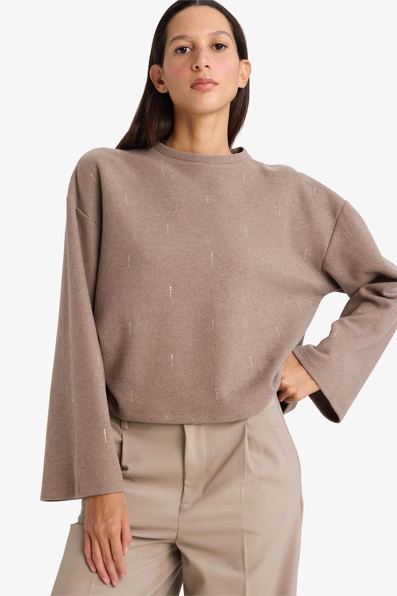 DeFacto Brown Woman Relax Fit Crew Neck Long Sleeve T-Shirt Casual - Image 3